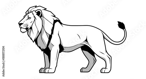 A majestic lion illustration standing proudly in a simple white background viewed from the side