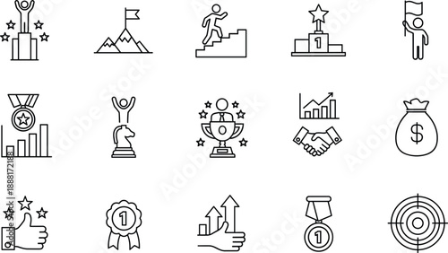 Line art icons representing success achievement and business growth vector illustration