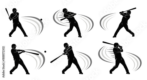 Silhouettes of baseball players in various batting positions and actions.