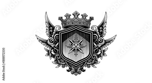 Ornate black and white heraldic shield emblem with crown and wings.