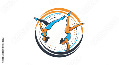 Gymnasts performing handstands in a circular motion with dynamic colors.