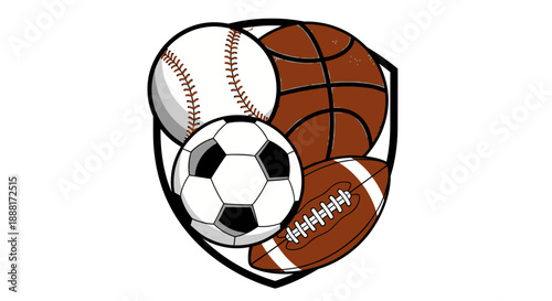 Collection of various sports balls in a heart shape.