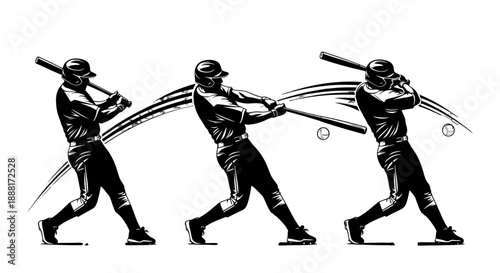 Baseball Player Hitting a Ball with a Bat in Three Stages.