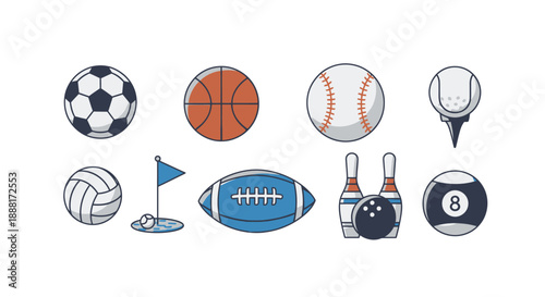 Collection of various sports equipment icons including balls and accessories.