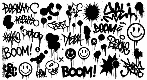 Black graffiti elements collection with boom and smiley faces.