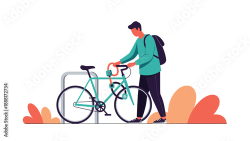 Young man in a green sweater locking his bicycle to a metal rack in an urban outdoor setting with abstract foliage.