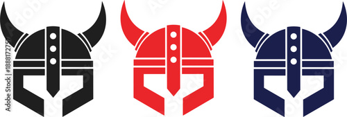 Stylized Viking helmet icons in black, red, and dark blue horn warrior
