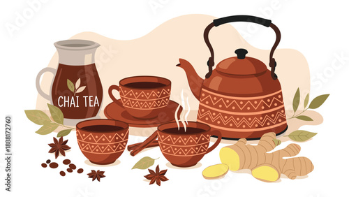 Traditional chai tea set with a decorative teapot, cups, and ingredients like ginger, cinnamon, and anise on a warm backdrop.