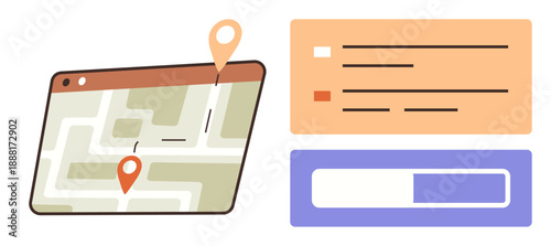 Route planning, navigation systems, map apps, location tracking, user interface design, modern technology. Map layout with pins and digital interface widgets. Route planning and navigation systems