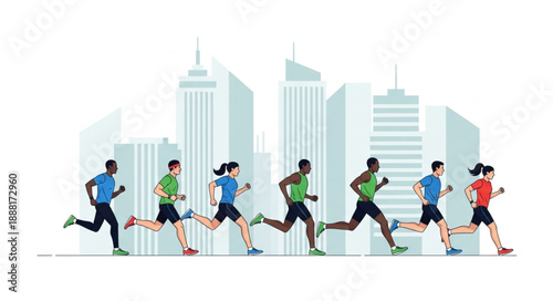 Diverse group of people running in a city marathon.