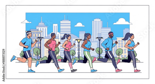 Diverse group of people running in a city marathon event.