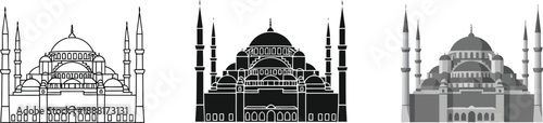 Collection of Blue Mosque illustrations featuring line art silhouette and grayscale vector designs for travel and architectural concepts