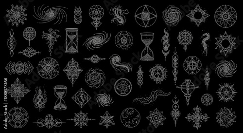 Collection of mystical and magical symbols on black background.