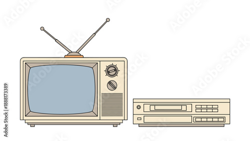 Classic vintage television set with antenna placed next to a matching VCR player on a clean white background.