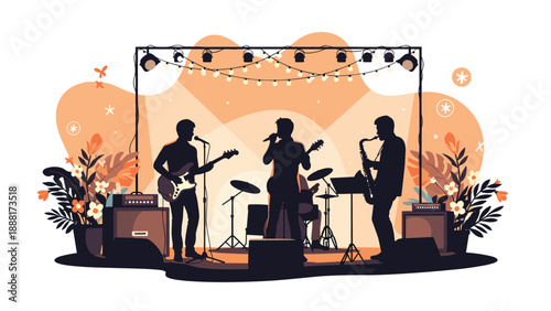 Live music band with silhouettes of a singer, guitarist, and saxophonist performing on a stage with lights and flowers.