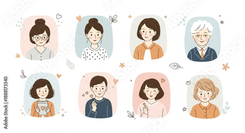 Diverse Group of People Portraits Hand Drawn Style.