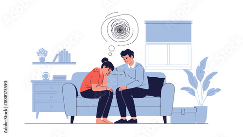 Young man comforting a sad woman on a sofa in a living room with a thought bubble showing chaotic thoughts.