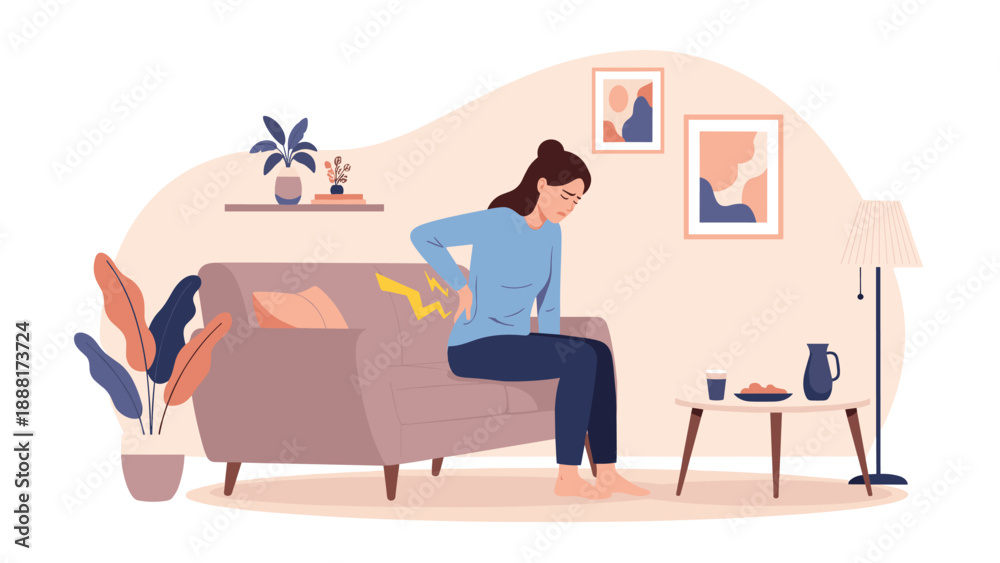 Fototapeta premium Young woman sitting on a sofa while experiencing sharp lower back pain depicted by yellow lightning bolt icons in a living room.