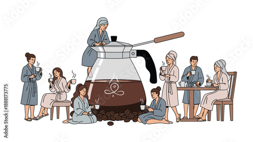 Diverse group of people in bathrobes relax and enjoy coffee served from a giant moka pot in a surreal spa-like setting.