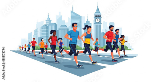 Diverse group of people running a marathon in a city.