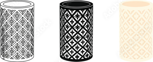 Collection of cylindrical objects with geometric patterns vector illustrations in outline black and white and cream color variations for design elements