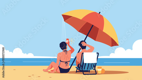 Man and woman relaxing on a sandy beach under a large sun umbrella while applying sunscreen for protection from the summer heat.