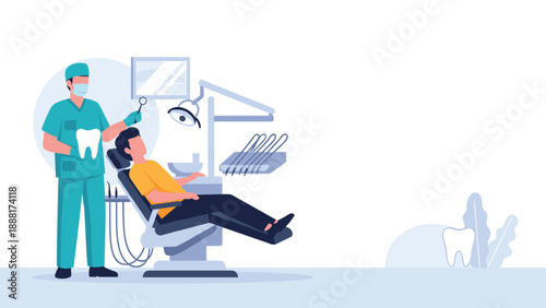 Professional dentist wearing a face mask and scrubs stands next to a male patient sitting in a dental chair for a medical checkup.