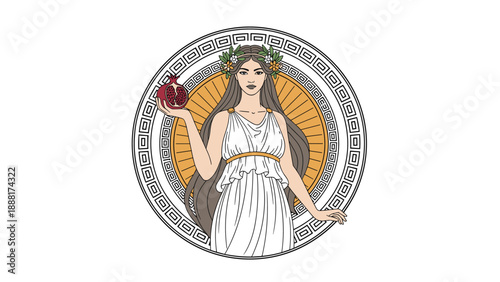 Greek goddess Persephone depicted in a classical circular frame holding a cut pomegranate fruit with intricate decorative patterns.