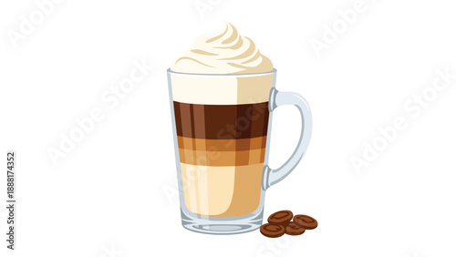 Tall glass mug filled with layers of delicious latte coffee topped with whipped cream and garnished with roasted coffee beans.