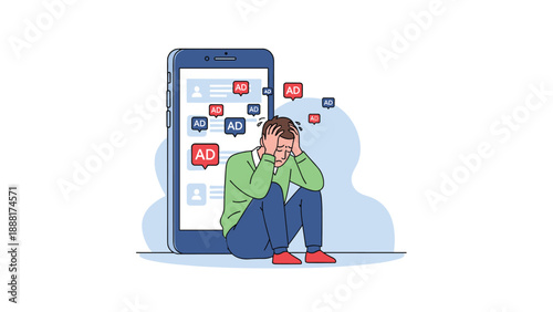 Overwhelmed man sitting on the floor leans against a giant smartphone covered in annoying digital advertisement pop-up bubbles.