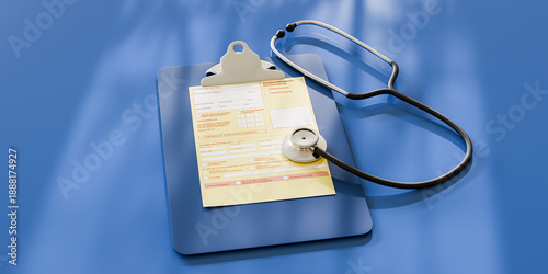 German certificate of incapacity for work (Arbeitsunfähigkeitsbescheinigung - AUB) on a clipboard with a stethoscope.