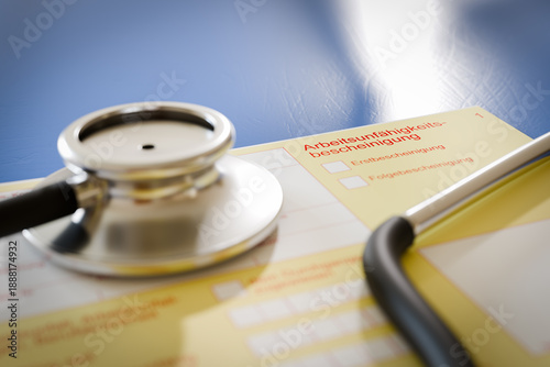 Photos Closeup of a German certificate of incapacity for work (Arbeitsunfähigkeitsbescheinigung - AUB) with a stethoscope