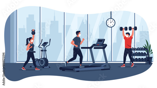 Fitness enthusiasts wearing face masks work out in a modern gym using treadmills and weights to maintain health and safety.