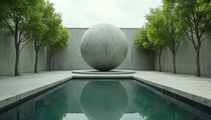 Minimalist garden features large concrete sphere balanced over reflecting pool. Symmetry created by trees lining concrete walls. Nature meets modern architecture in serene setting.