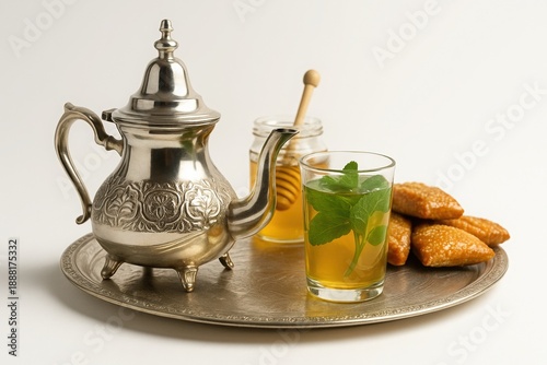 Assorted traditional ingredients for Moroccan couscous and tagine including spices dried fruits and olive oil, ceramic bowls, top view, authentic Maghreb cuisine, clean composition