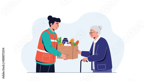 Kind volunteer in a safety vest delivers a box of fresh groceries and vegetables to an elderly woman using a walking cane.