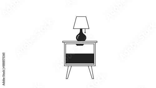 Minimalist line illustration of a modern bedside nightstand with a single drawer and a stylish table lamp on top.