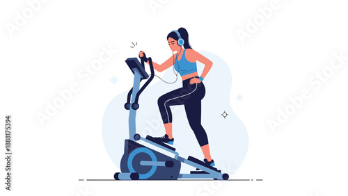 Athletic woman wearing headphones exercises on an elliptical trainer machine in a gym setting to improve her physical fitness.