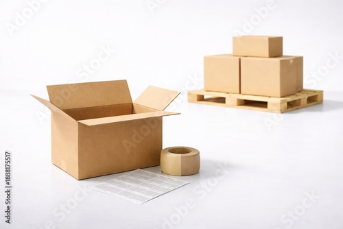 Open cardboard box with packing tape and blank barcode label sheet in foreground, pallet with packed boxes in background, clean white studio scene showing e-commerce fulfillment workflow