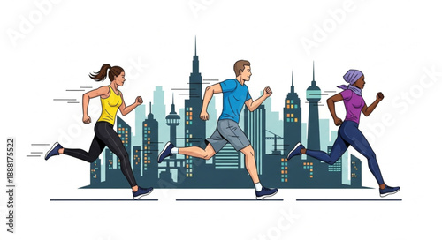 Diverse group of people running in a city marathon race.