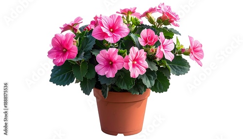 Close-up of potted pink flowers in full bloom. White background