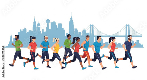 Diverse group of people running in a city marathon with skyline background.