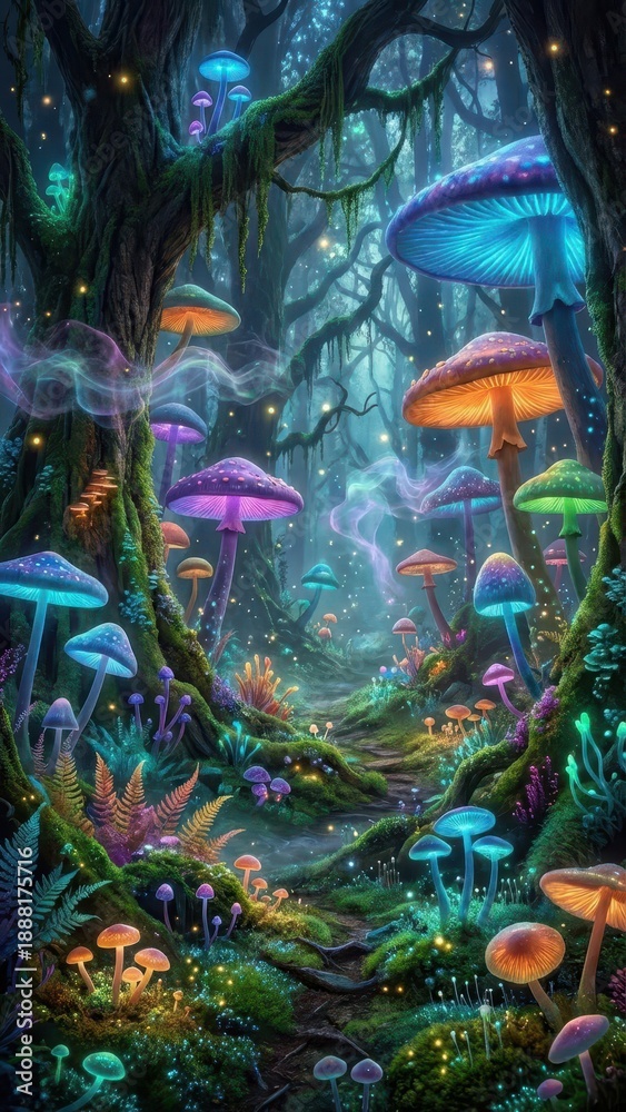 Fototapeta premium Magical Bioluminescent Mushroom Forest Fantasy Landscape