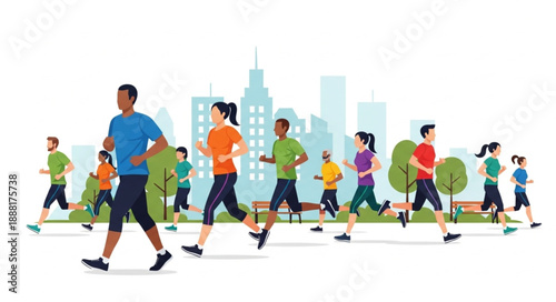 Diverse group of people running in a city park during daytime.