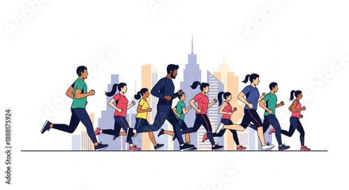 Diverse group of people running in a city marathon event.