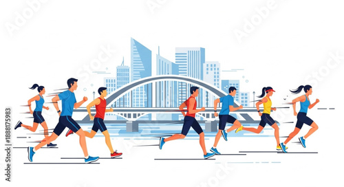 Diverse group of people running in a city marathon event.