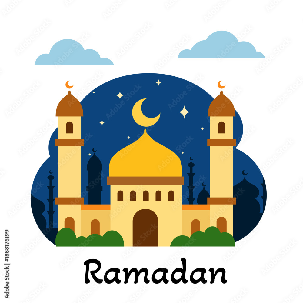 Fototapeta premium Flat illustration of a mosque. Simple pictures for Ramadan