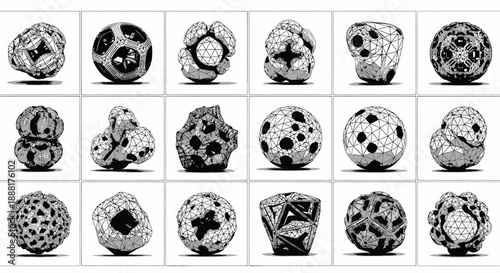 Collection of black and white illustrations of various circular objects with unique patterns.