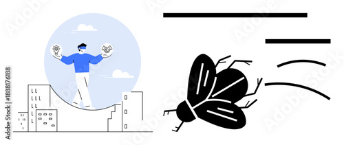 Decision making, balance, change, urban life, abstract art, illustration. Person balancing between cityscapes with abstract elements. Decision making and balance illustration