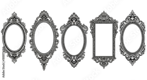 Collection of ornate vintage picture frames in various shapes and designs.